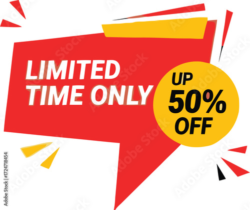 Bright red sale tag banner with 50 percent off discount offer festive design vector