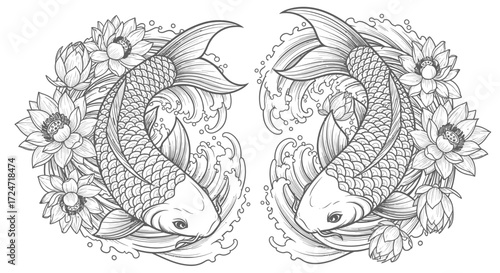 Elegant Koi Fish with Lotus Flowers and Waves Illustration