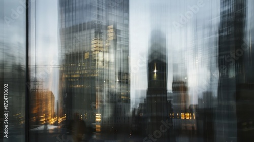 Cityscape view through modern building window