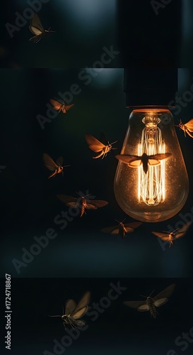 A captivating nocturnal scene showcases moths drawn to the warm glow of a vintage light bulb.