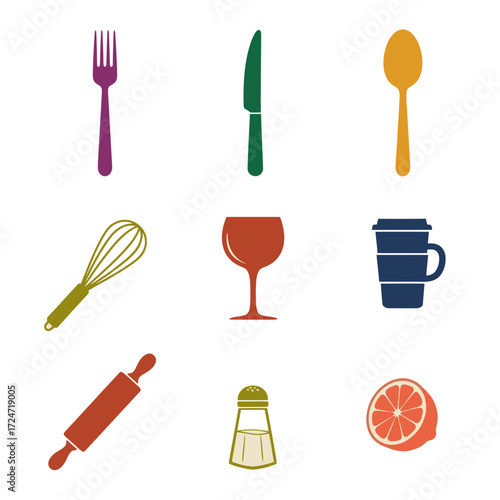 Colorful kitchen icons perfect for restaurant menus or food blogs, creating a warm, inviting vibe for your culinary projects and designs