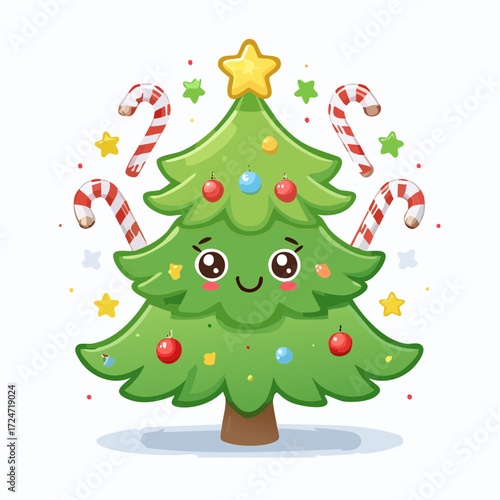 Cheerful cartoon Christmas tree with ornaments, candy canes, and star, adorable festive holiday illustration for kids.