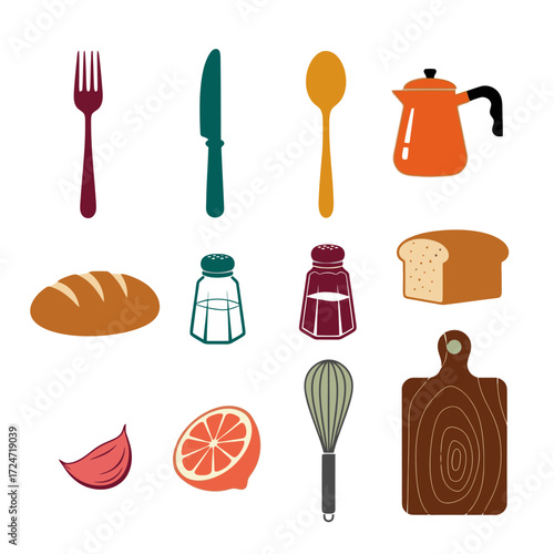 Vintage kitchenware illustration featuring bread, garlic, citrus, salt, pepper, cutting board, whisk, fork, knife, spoon, and coffee pot for a retro cooking design