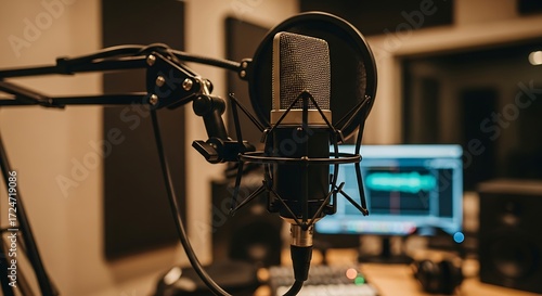 Close-up of professional microphone with pop filter in a sound recording studio for podcast or music production session