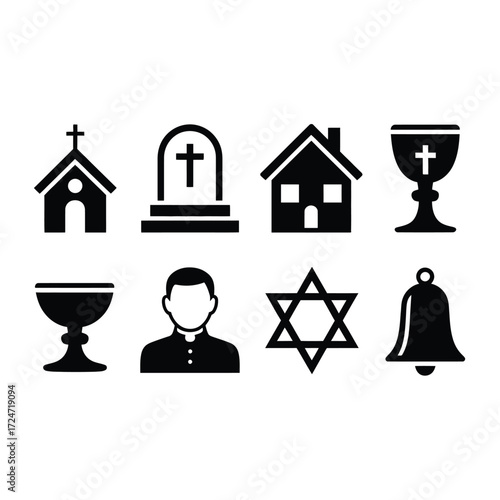 Collection of eight black and white religious icons for vector graphics eps file vector