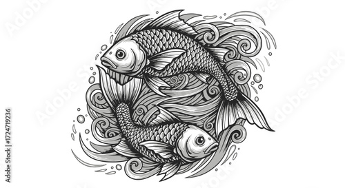 Elegant Gray Scale Koi Fish Duo Symbolizing Harmony Amidst Flowing Water