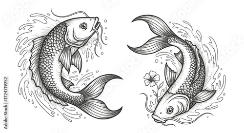 Elegant Koi Fish Sketch with Flower and Water