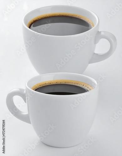 Two white coffee cups filled with dark coffee