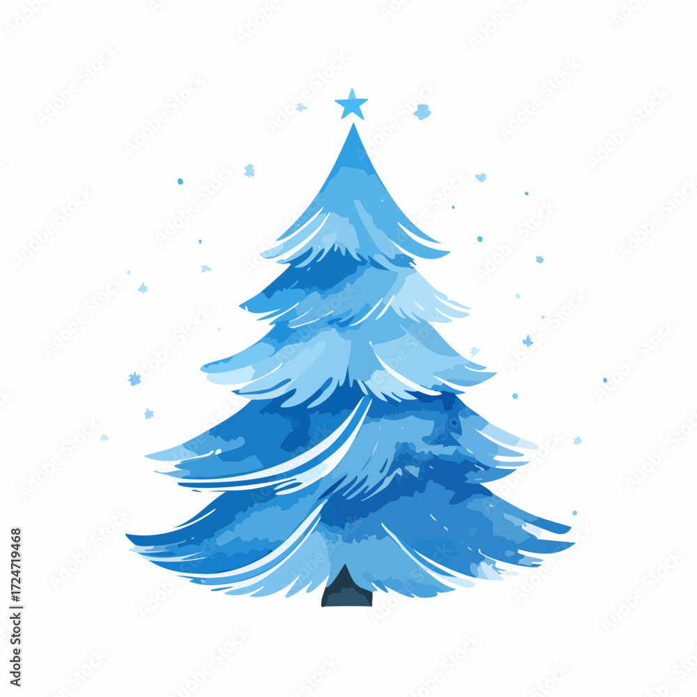 Obraz premium Elegant blue Christmas tree illustration with star on top, winter holiday decoration in watercolor style.