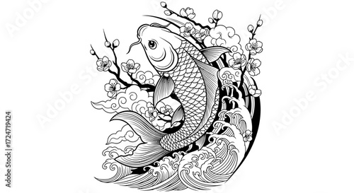 Elegant Koi Carp Tattoo Style with Blossoms and Waves Art