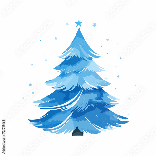 Elegant blue Christmas tree illustration with star on top, winter holiday decoration in watercolor style.