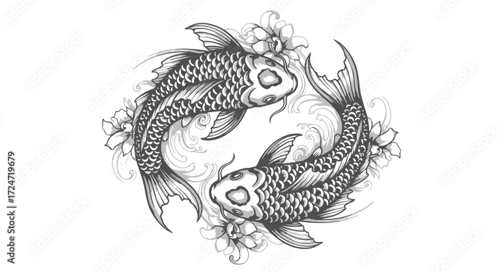 Fototapeta premium Koi Fish Yin Yang Symbol with Flowers Sketch