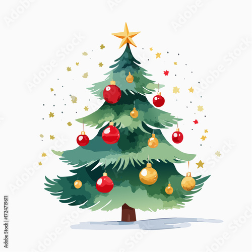 Classic Christmas tree with red and gold ornaments, star topper, and festive holiday decoration.