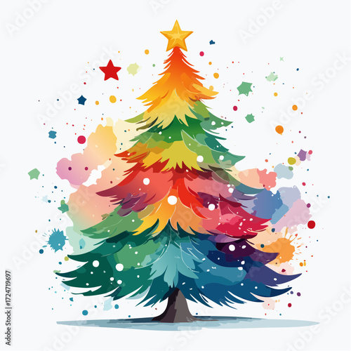 Vibrant rainbow Christmas tree with star topper, multicolor festive decoration in artistic watercolor style.