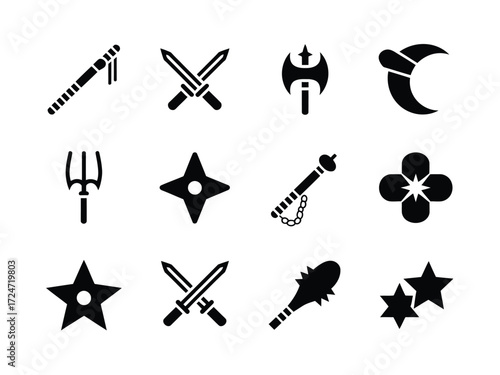 Collection of 12 black and white minimalist weapon icons scalable vector graphics vector