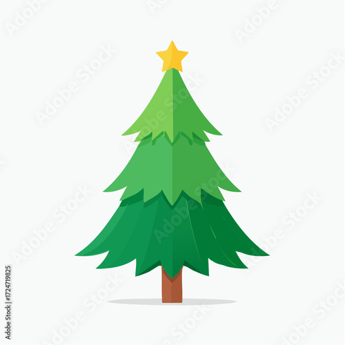 Minimalist Christmas tree illustration with green layers and golden star on top, simple holiday decoration and festive seasonal icon.