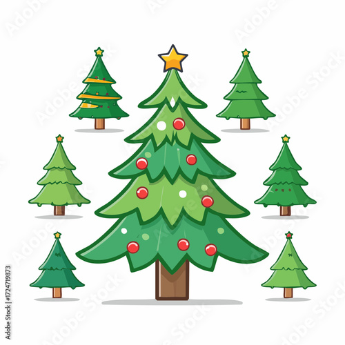 Cartoon collection of decorated Christmas trees with ornaments and golden stars, festive seasonal illustration for holiday and new year design.