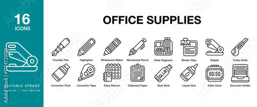 Office Supplies icon set. Includes office, stationery, paper, school, education and More. Editable Stroke Icon Collection.