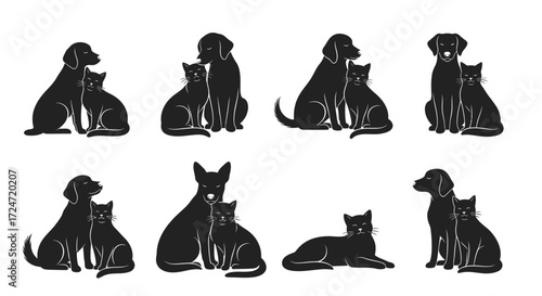 Silhouetted canine feline friendship illustration black and white various placements