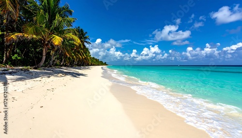 Fototapeta Naklejka Na Ścianę i Meble -  Pristine white sand beach meets turquoise water under a vibrant blue sky, fringed by lush palm trees