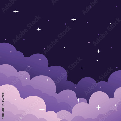 dreamy pixel art night sky with stars and purple clouds