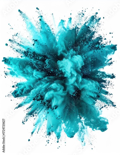 Teal powder explosion against a stark white background, showcasing a dynamic, textured burst of color with varying shades of turquoise and deep teal