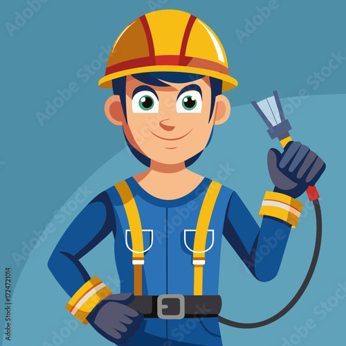 Brave firefighter ready for action with water hose, vector illustration