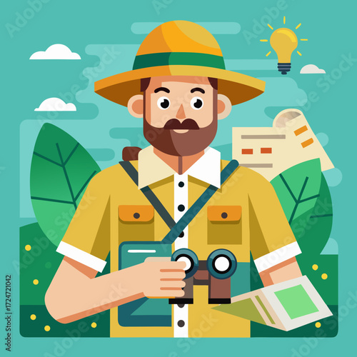 Adventurous explorer with binoculars discovering new ideas outdoors