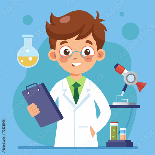 Curious scientist boy with clipboard and lab equipment explores discovery