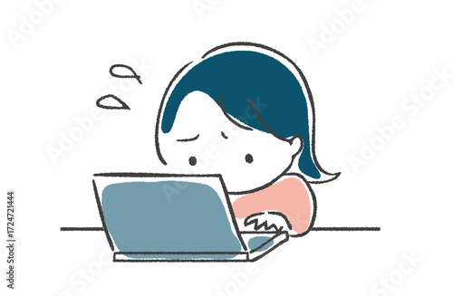 慌ててノートパソコンで作業している女性のイラスト