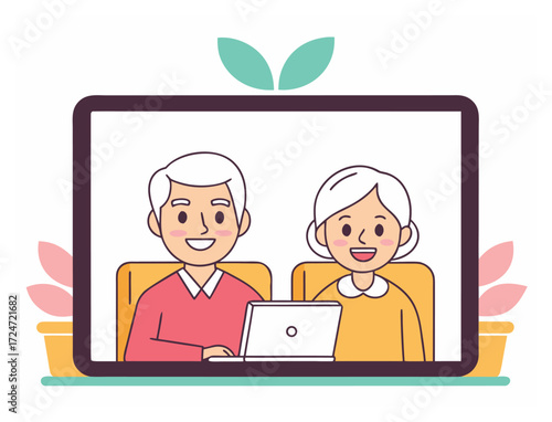 Senior couple online video call conference on tablet illustration design