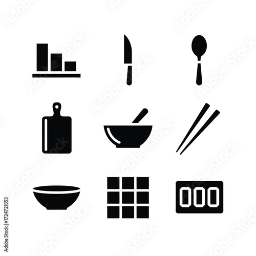 Minimalist black and white icon set featuring kitchenware and data visualization tools vector