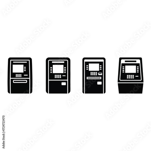 Four automated teller machines arrayed side by side offering financial services