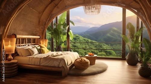 Tropical bedroom with a bamboo bed and a rattan lamp, warm yellow light spilling onto the floor, lush green mountains outside, exotic vibe. 