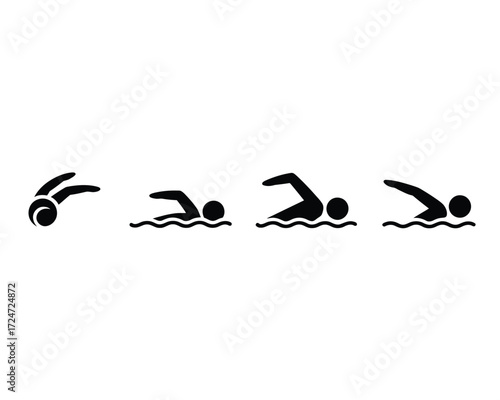 Set of four minimalist black and white swimming icons illustrating freestyle strokes vector