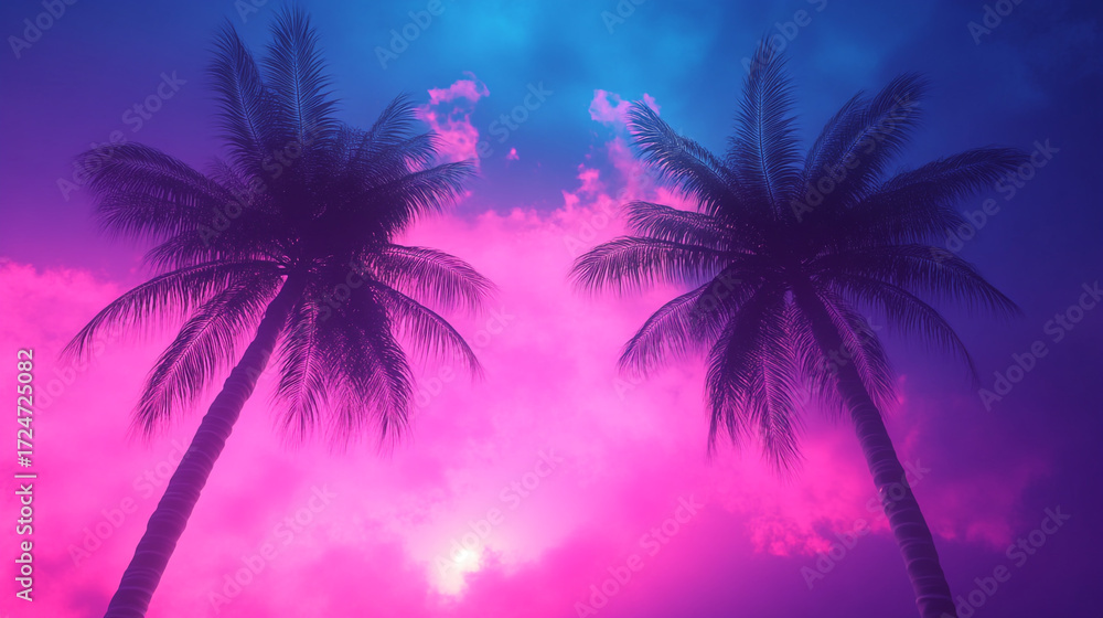Obraz premium Vibrant Tropical Sunset with Palm Tree Silhouettes