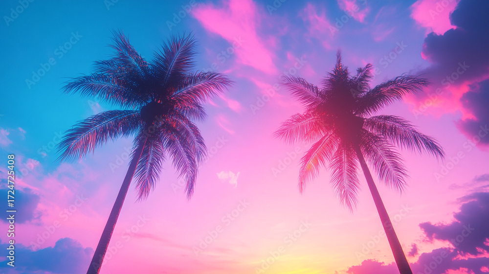 Obraz premium Vibrant Tropical Sunset with Palm Tree Silhouettes