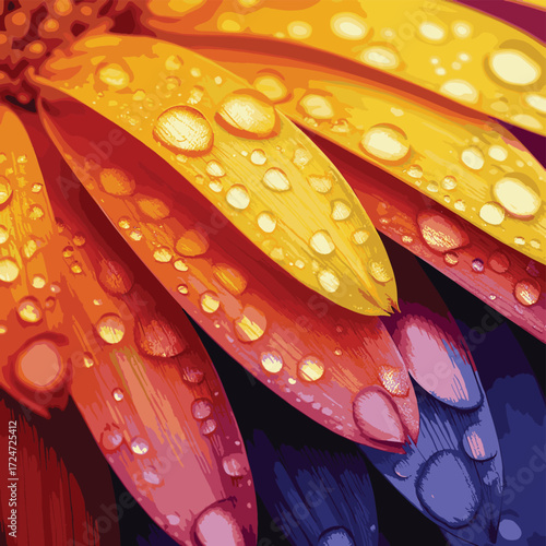 Close up macro shot of brightly colored flower petals covered in water droplets , vector style simple color