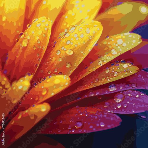 Close up macro shot of brightly colored flower petals covered in water droplets , vector style simple color