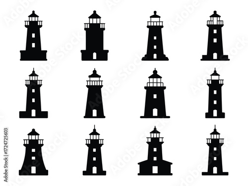 Set of 12 black and white lighthouse silhouettes vector illustration for marine and nautical designs vector