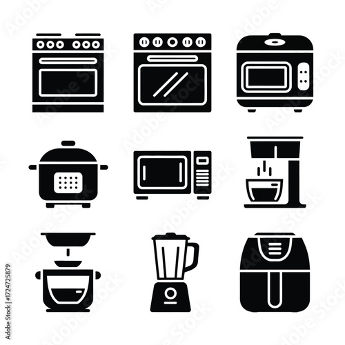 Set of eight black and white kitchen appliance icons vector illustration scalable eps format vector