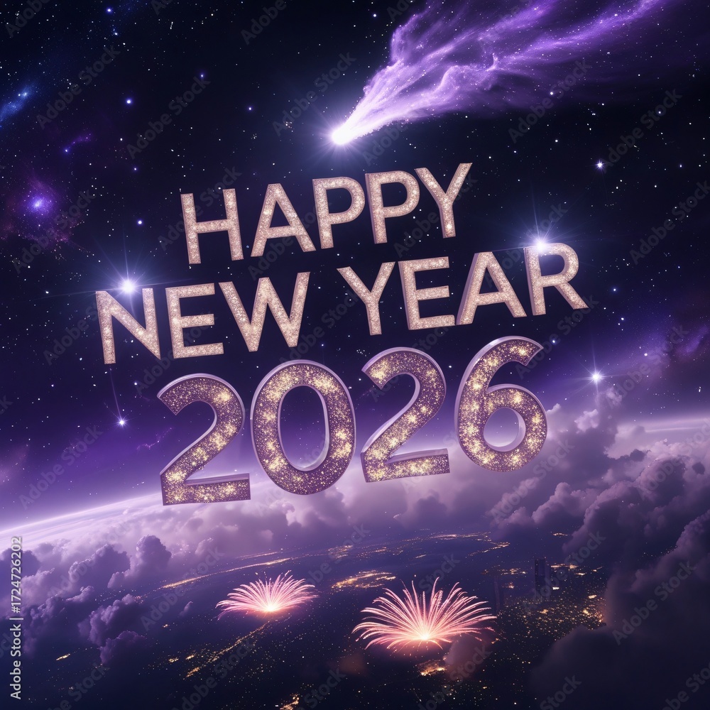 Fototapeta premium Happy New Year 2026 Cosmic Fireworks and Earth View space galaxy new.design creative 4k hd