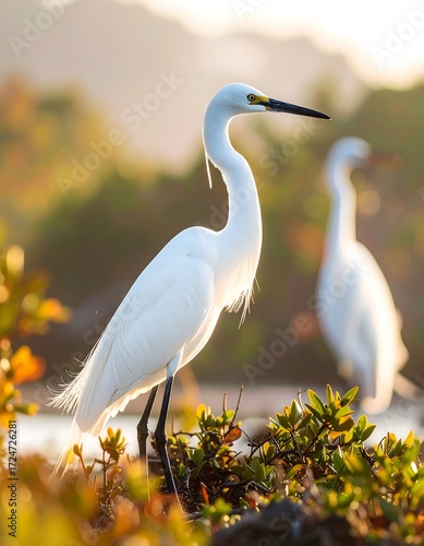 Two white egrets in golden light