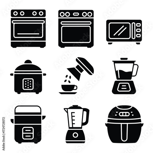 Set of eight black and white kitchen appliance vector illustrations scalable eps icons vector