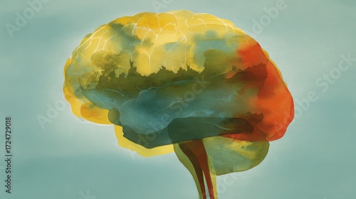 logic. An abstract brain illustration with dual-tone design, representing cognitive functions artistically. STEM education sheets, lab safety posters, designed for biotech research communications.