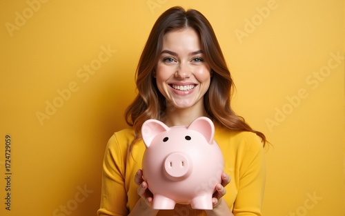 Happy Woman Holding Piggybank. High quality