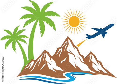  Adventure travel mountain palm tree airplane sun river tropical destination logo