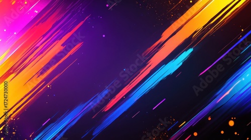 A vibrant abstract background with glowing neon splashes of orange, purple, and blue cutting through a dark canvas for a dynamic visual effect