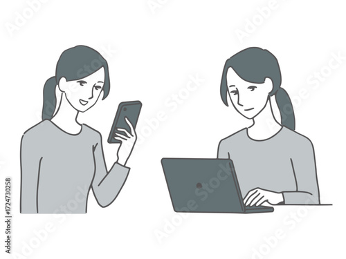 スマートフォンやノートパソコンでネットを見ている若い女性のイラストのセット