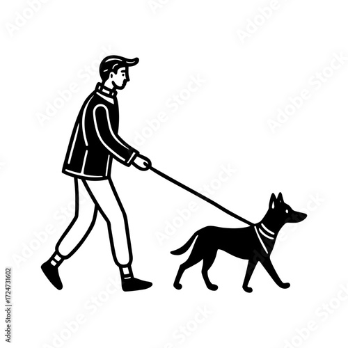 Vector art of man walking a dog on a leash